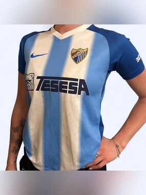 Nike Light Blue and White Striped Malaga CF Men's Soccer Jersey